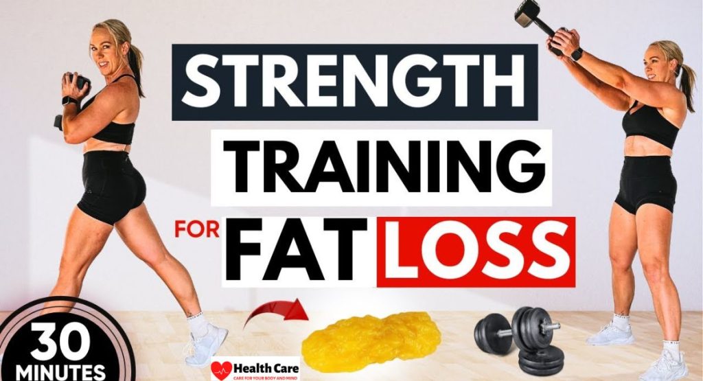 Fitness infographic showing a woman exercising with dumbbells for a 30-minute strength training routine focused on fat loss, branded by Health Care.